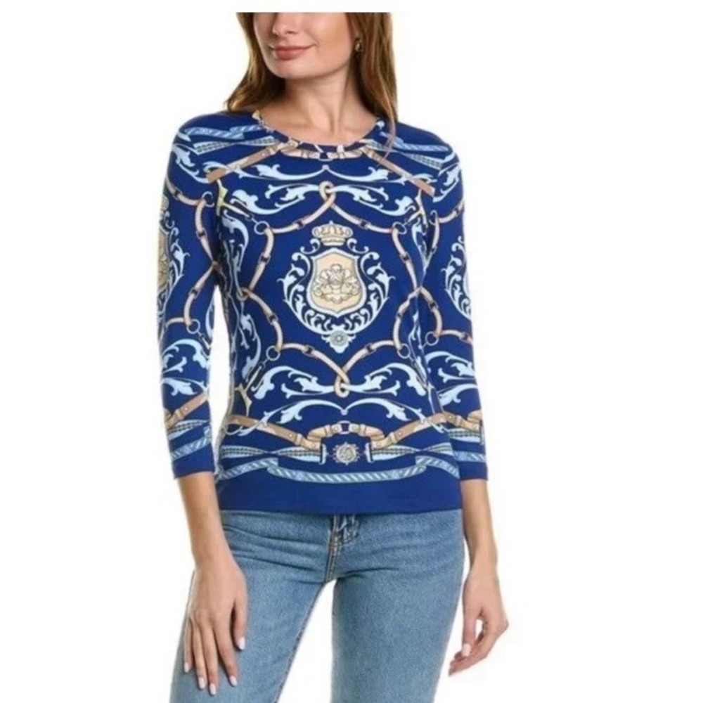J McLaughlin Signature Tee S Navy Print Catalina Cloth Equestrian Horse Yellow